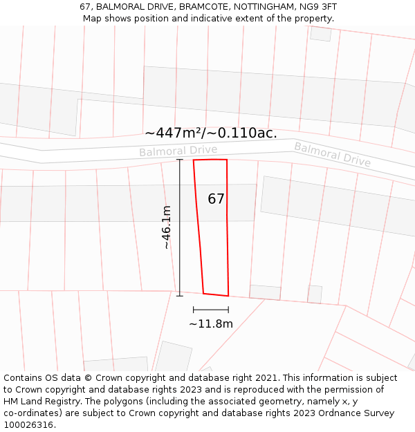 67, BALMORAL DRIVE, BRAMCOTE, NOTTINGHAM, NG9 3FT: Plot and title map