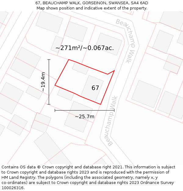 67, BEAUCHAMP WALK, GORSEINON, SWANSEA, SA4 6AD: Plot and title map