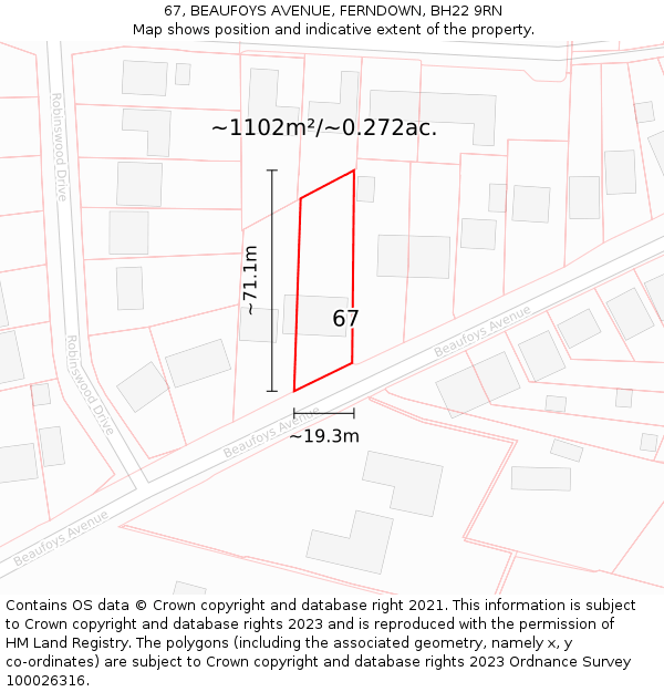 67, BEAUFOYS AVENUE, FERNDOWN, BH22 9RN: Plot and title map