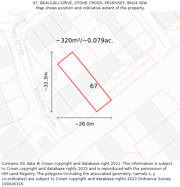 67, BEAULIEU DRIVE, STONE CROSS, PEVENSEY, BN24 5EW: Plot and title map
