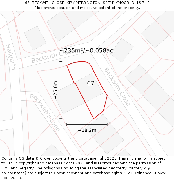 67, BECKWITH CLOSE, KIRK MERRINGTON, SPENNYMOOR, DL16 7HE: Plot and title map
