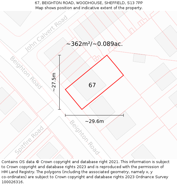 67, BEIGHTON ROAD, WOODHOUSE, SHEFFIELD, S13 7PP: Plot and title map