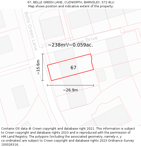 67, BELLE GREEN LANE, CUDWORTH, BARNSLEY, S72 8LU: Plot and title map