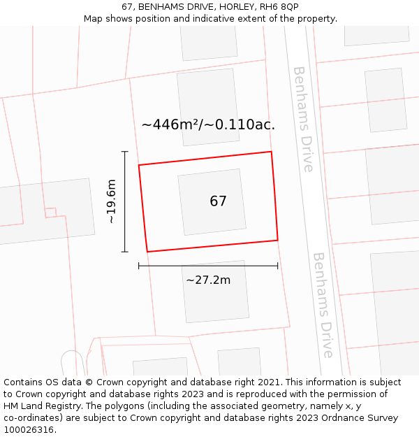 67, BENHAMS DRIVE, HORLEY, RH6 8QP: Plot and title map