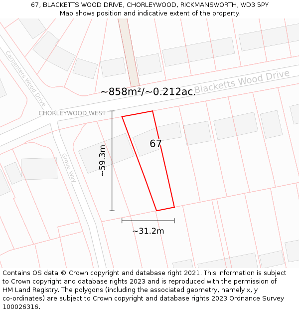 67, BLACKETTS WOOD DRIVE, CHORLEYWOOD, RICKMANSWORTH, WD3 5PY: Plot and title map