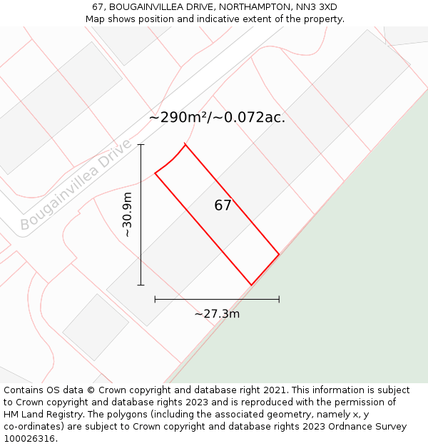 67, BOUGAINVILLEA DRIVE, NORTHAMPTON, NN3 3XD: Plot and title map