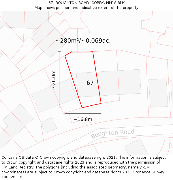 67, BOUGHTON ROAD, CORBY, NN18 8NY: Plot and title map