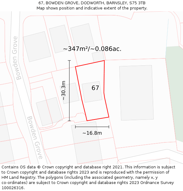 67, BOWDEN GROVE, DODWORTH, BARNSLEY, S75 3TB: Plot and title map