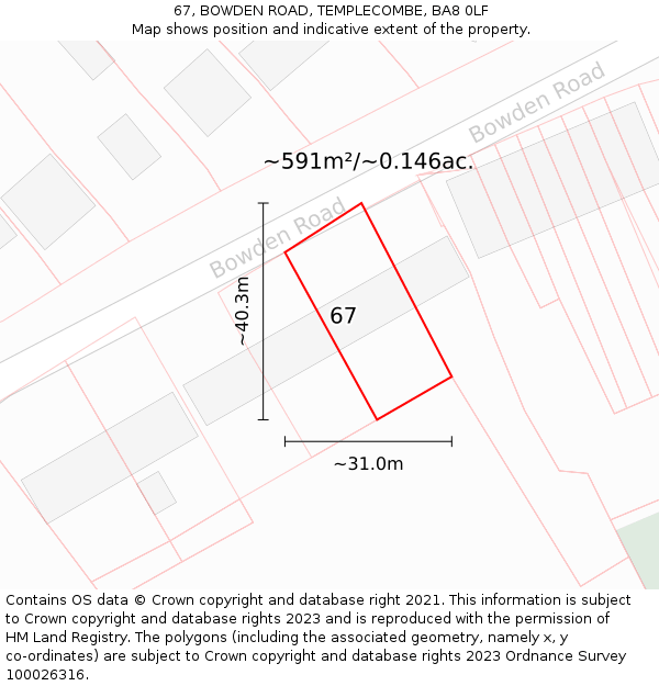 67, BOWDEN ROAD, TEMPLECOMBE, BA8 0LF: Plot and title map