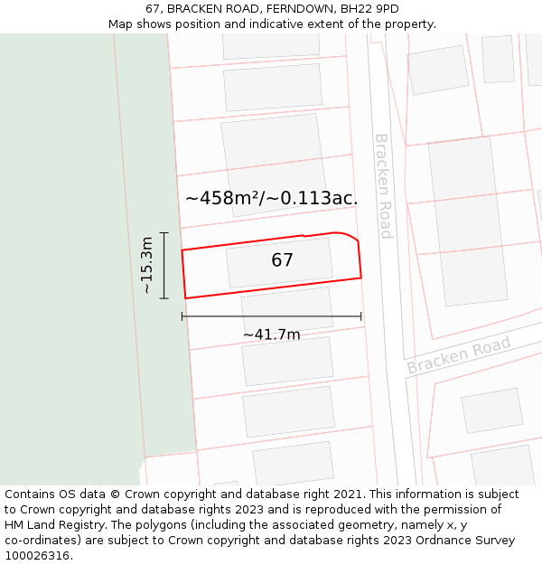 67, BRACKEN ROAD, FERNDOWN, BH22 9PD: Plot and title map