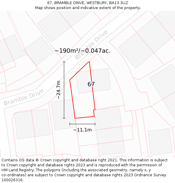 67, BRAMBLE DRIVE, WESTBURY, BA13 3UZ: Plot and title map