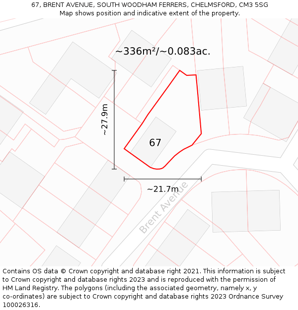 67, BRENT AVENUE, SOUTH WOODHAM FERRERS, CHELMSFORD, CM3 5SG: Plot and title map