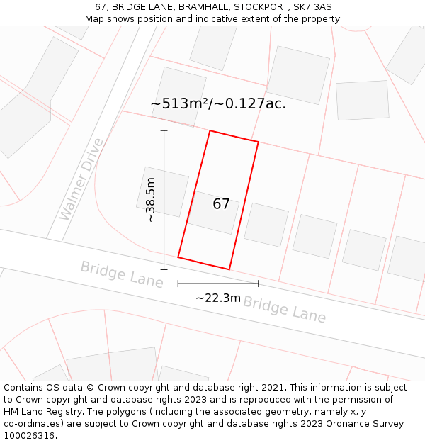 67, BRIDGE LANE, BRAMHALL, STOCKPORT, SK7 3AS: Plot and title map