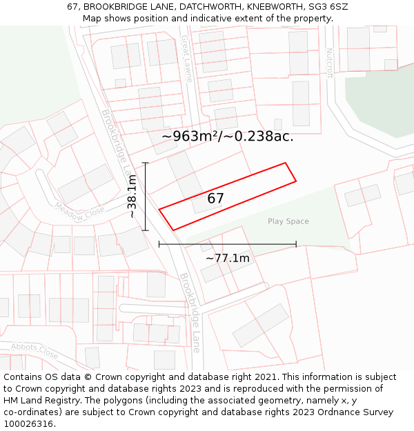 67, BROOKBRIDGE LANE, DATCHWORTH, KNEBWORTH, SG3 6SZ: Plot and title map