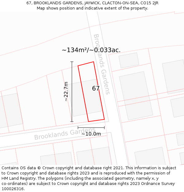 67, BROOKLANDS GARDENS, JAYWICK, CLACTON-ON-SEA, CO15 2JR: Plot and title map