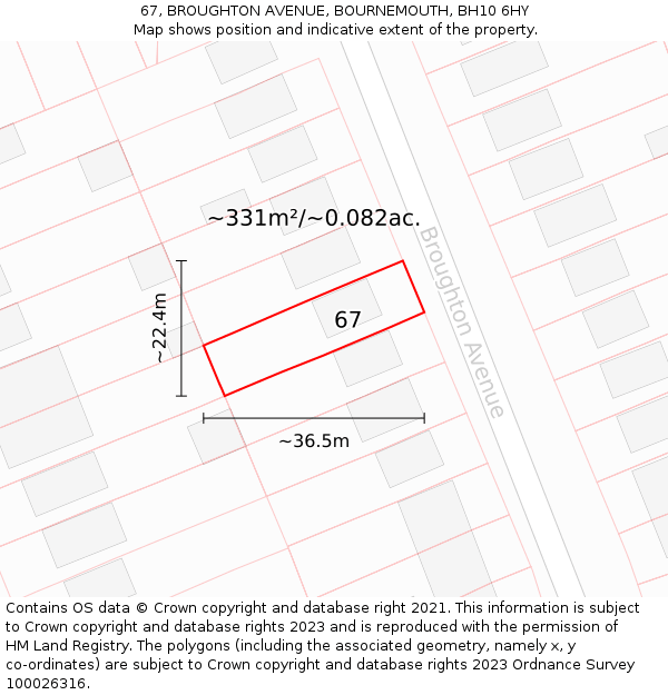 67, BROUGHTON AVENUE, BOURNEMOUTH, BH10 6HY: Plot and title map