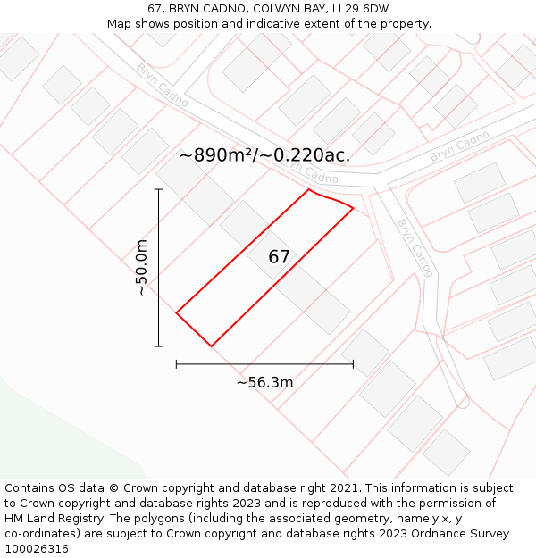 67, BRYN CADNO, COLWYN BAY, LL29 6DW: Plot and title map