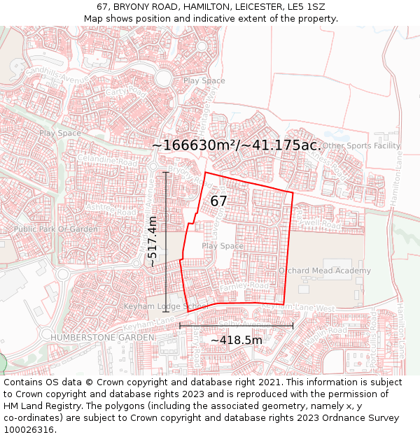 67, BRYONY ROAD, HAMILTON, LEICESTER, LE5 1SZ: Plot and title map