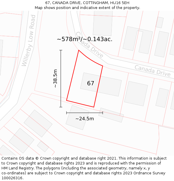 67, CANADA DRIVE, COTTINGHAM, HU16 5EH: Plot and title map