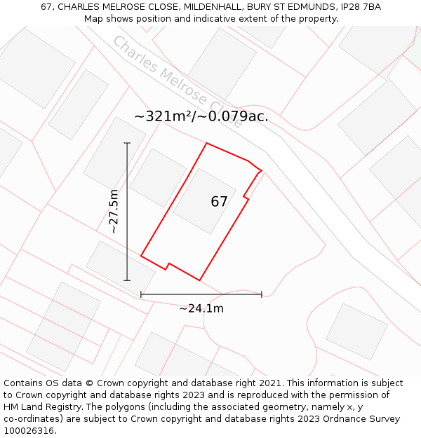 67, CHARLES MELROSE CLOSE, MILDENHALL, BURY ST EDMUNDS, IP28 7BA: Plot and title map