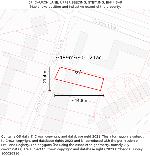 67, CHURCH LANE, UPPER BEEDING, STEYNING, BN44 3HP: Plot and title map