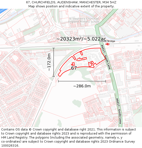 67, CHURCHFIELDS, AUDENSHAW, MANCHESTER, M34 5HZ: Plot and title map