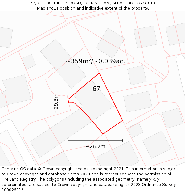 67, CHURCHFIELDS ROAD, FOLKINGHAM, SLEAFORD, NG34 0TR: Plot and title map