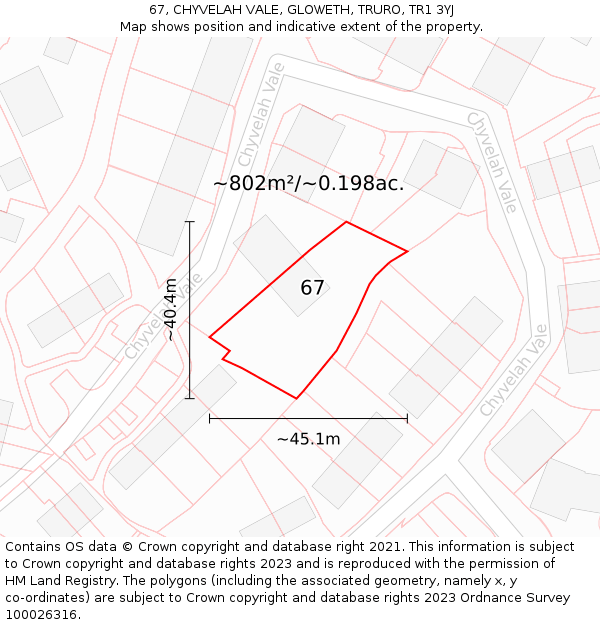 67, CHYVELAH VALE, GLOWETH, TRURO, TR1 3YJ: Plot and title map