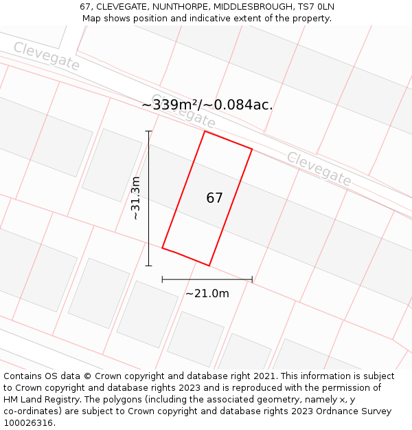 67, CLEVEGATE, NUNTHORPE, MIDDLESBROUGH, TS7 0LN: Plot and title map