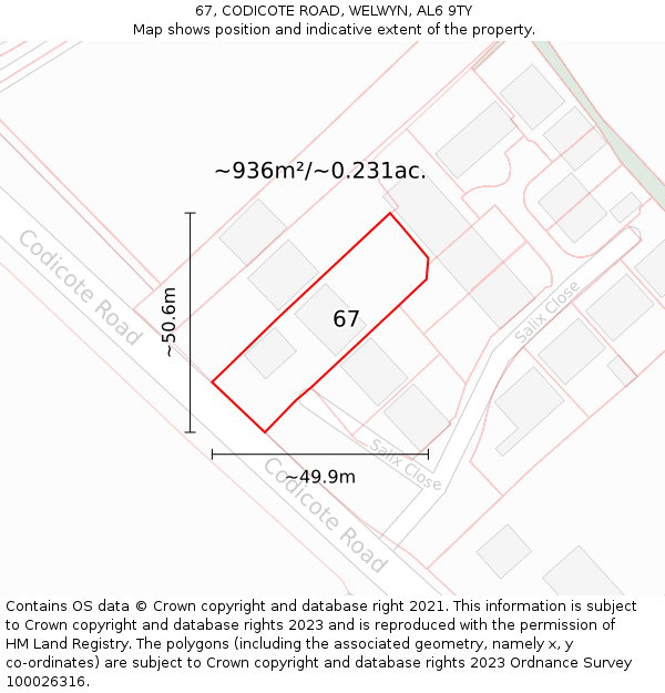 67, CODICOTE ROAD, WELWYN, AL6 9TY: Plot and title map