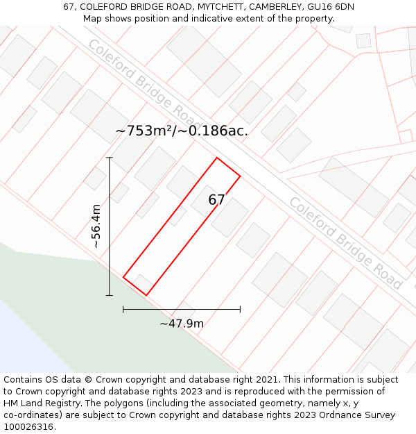 67, COLEFORD BRIDGE ROAD, MYTCHETT, CAMBERLEY, GU16 6DN: Plot and title map