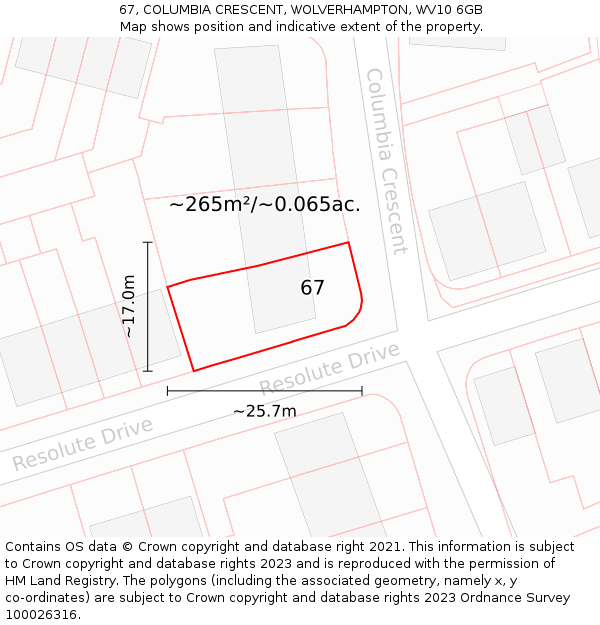 67, COLUMBIA CRESCENT, WOLVERHAMPTON, WV10 6GB: Plot and title map