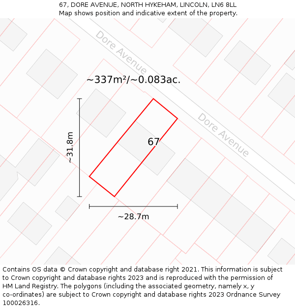 67, DORE AVENUE, NORTH HYKEHAM, LINCOLN, LN6 8LL: Plot and title map