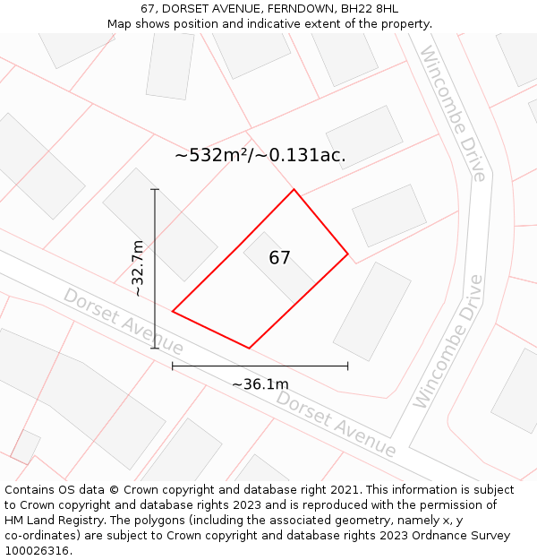 67, DORSET AVENUE, FERNDOWN, BH22 8HL: Plot and title map