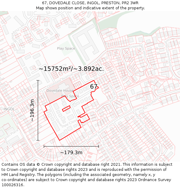 67, DOVEDALE CLOSE, INGOL, PRESTON, PR2 3WR: Plot and title map