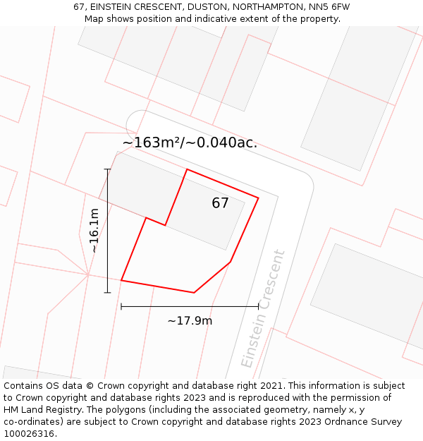 67, EINSTEIN CRESCENT, DUSTON, NORTHAMPTON, NN5 6FW: Plot and title map