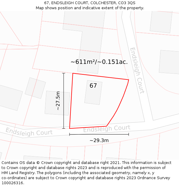 67, ENDSLEIGH COURT, COLCHESTER, CO3 3QS: Plot and title map