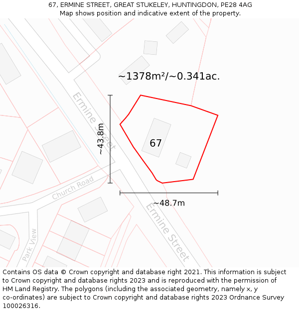 67, ERMINE STREET, GREAT STUKELEY, HUNTINGDON, PE28 4AG: Plot and title map