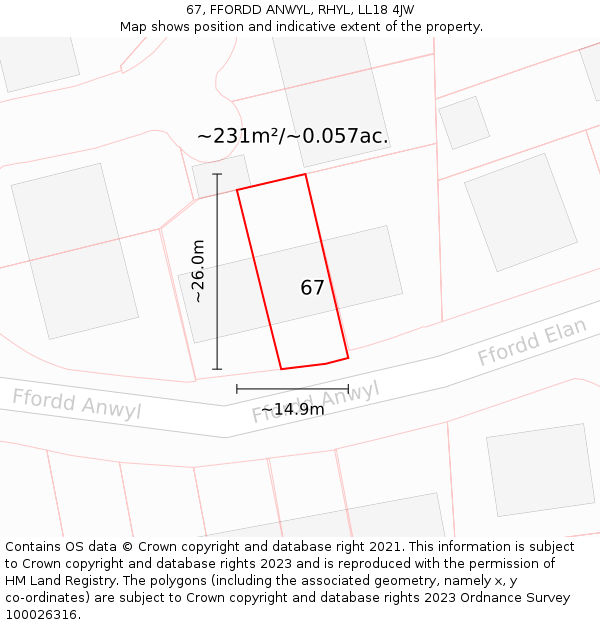 67, FFORDD ANWYL, RHYL, LL18 4JW: Plot and title map