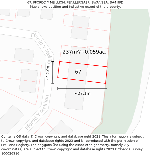 67, FFORDD Y MEILLION, PENLLERGAER, SWANSEA, SA4 9FD: Plot and title map