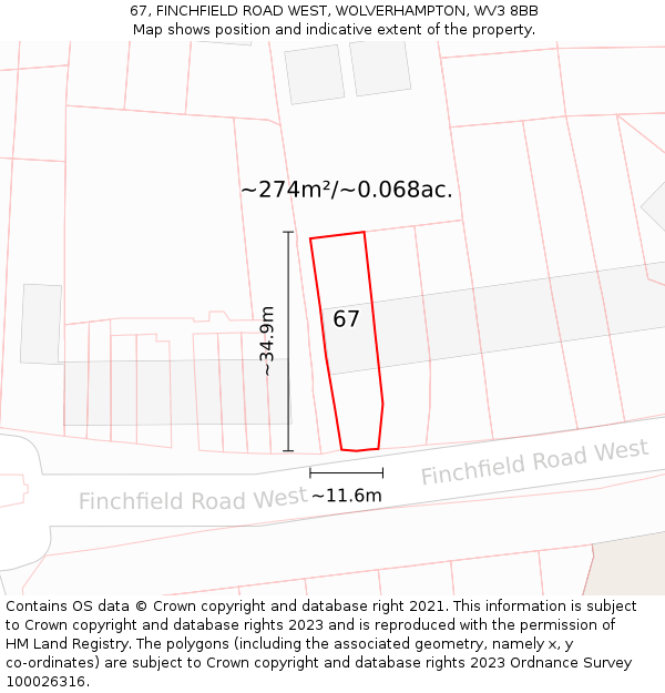 67, FINCHFIELD ROAD WEST, WOLVERHAMPTON, WV3 8BB: Plot and title map