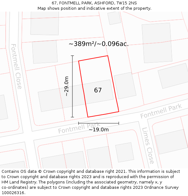 67, FONTMELL PARK, ASHFORD, TW15 2NS: Plot and title map