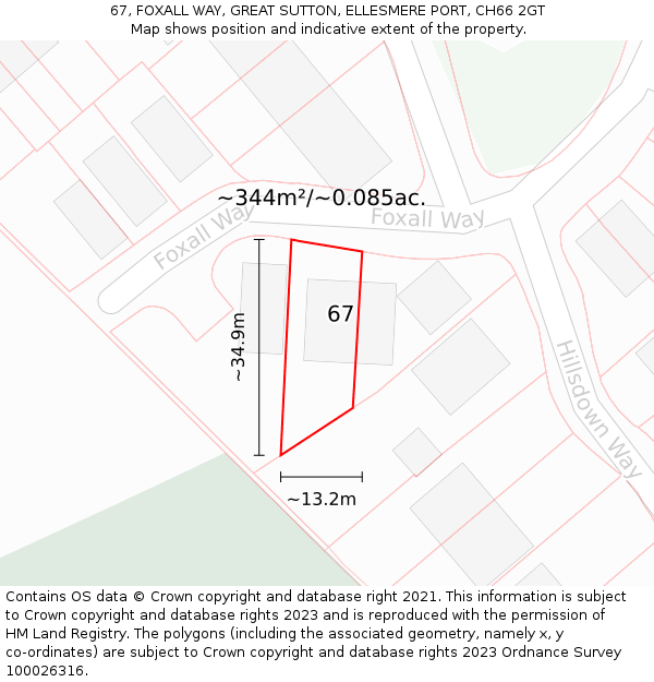 67, FOXALL WAY, GREAT SUTTON, ELLESMERE PORT, CH66 2GT: Plot and title map