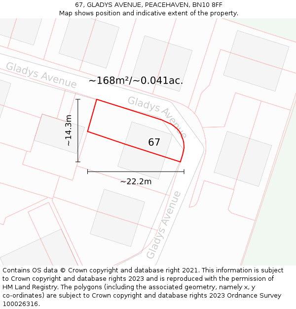 67, GLADYS AVENUE, PEACEHAVEN, BN10 8FF: Plot and title map