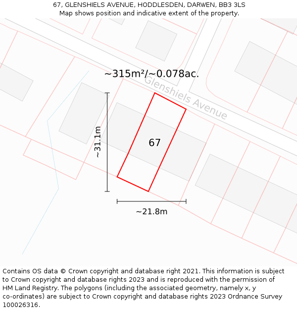 67, GLENSHIELS AVENUE, HODDLESDEN, DARWEN, BB3 3LS: Plot and title map