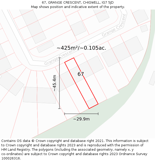 67, GRANGE CRESCENT, CHIGWELL, IG7 5JD: Plot and title map