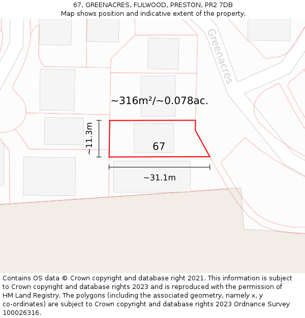 67, GREENACRES, FULWOOD, PRESTON, PR2 7DB: Plot and title map