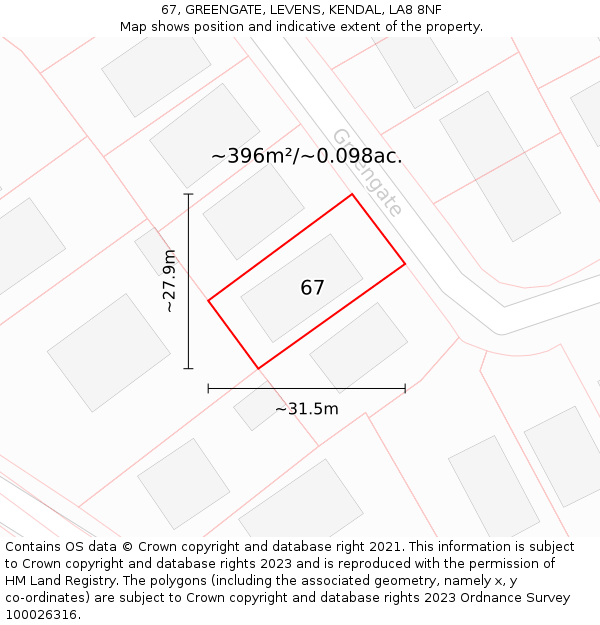 67, GREENGATE, LEVENS, KENDAL, LA8 8NF: Plot and title map