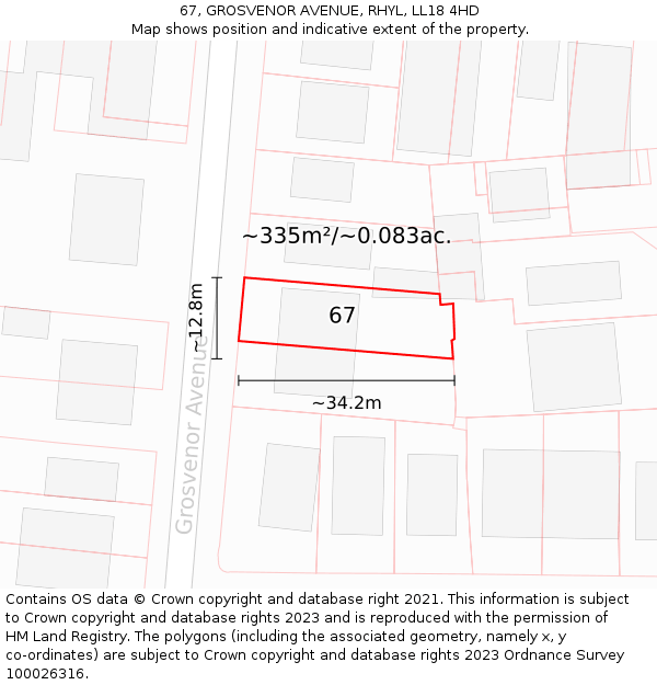 67, GROSVENOR AVENUE, RHYL, LL18 4HD: Plot and title map