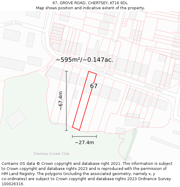 67, GROVE ROAD, CHERTSEY, KT16 9DL: Plot and title map